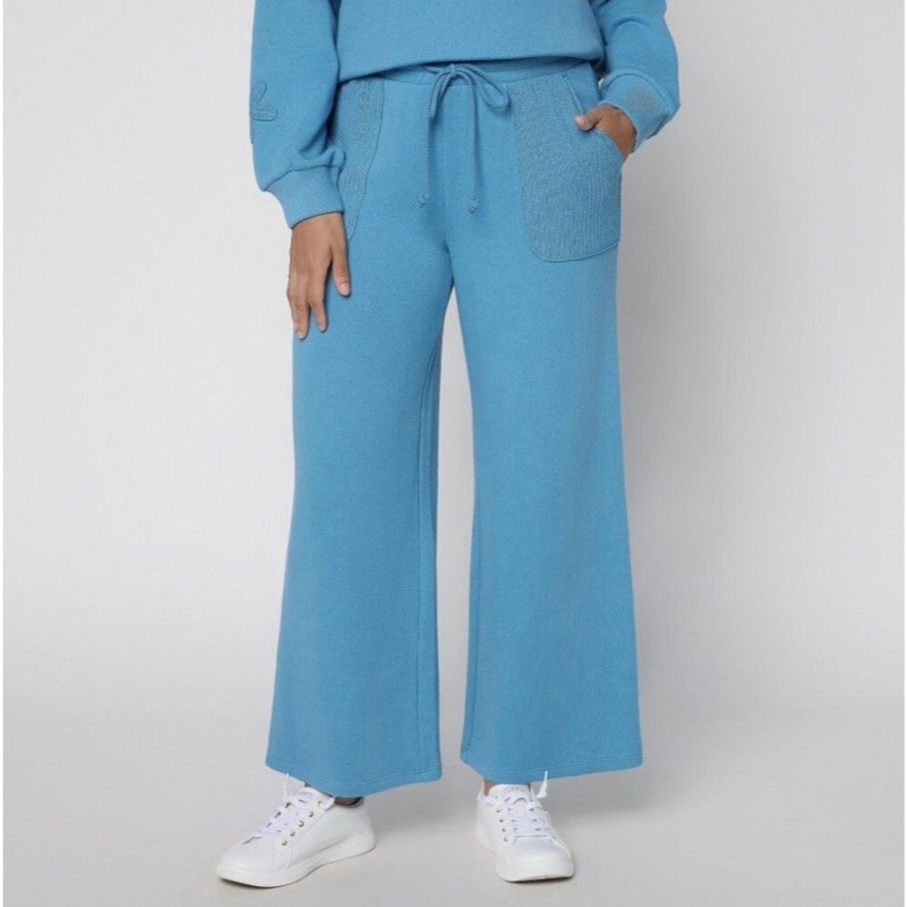 Peace Love World Regular Ankle French Terry Pants with Crochet Size Small Blue